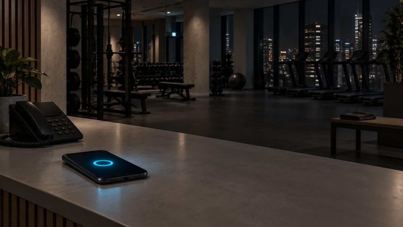 A gym after hours, the floor dark and the racks in silhouette against the city night, one phone face up on the front desk lit with a call nobody answered.