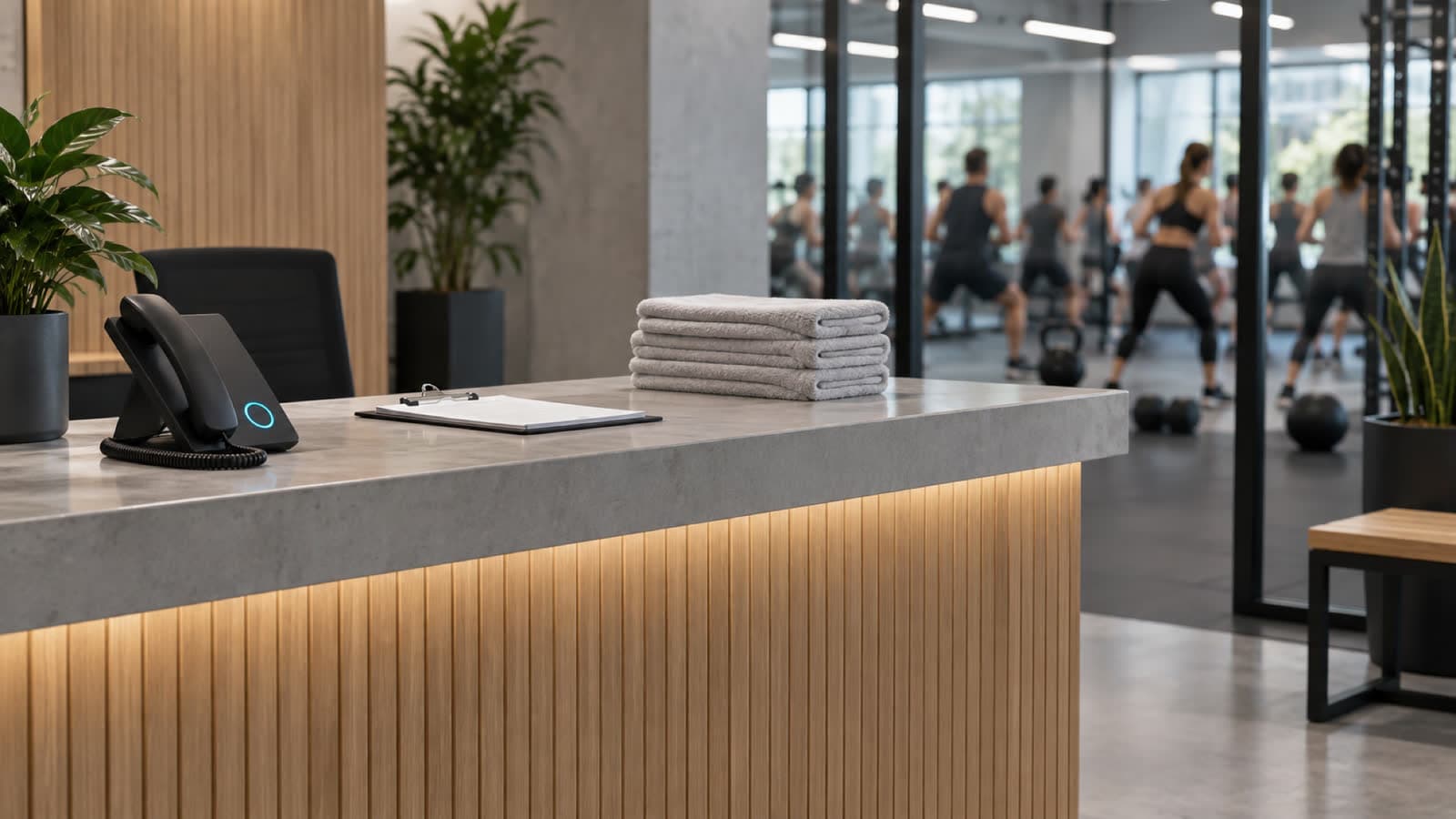 An unattended gym front desk during a packed class: a black desk phone lit on the stone counter beside towels and a clipboard, the class a blur through the glass behind.