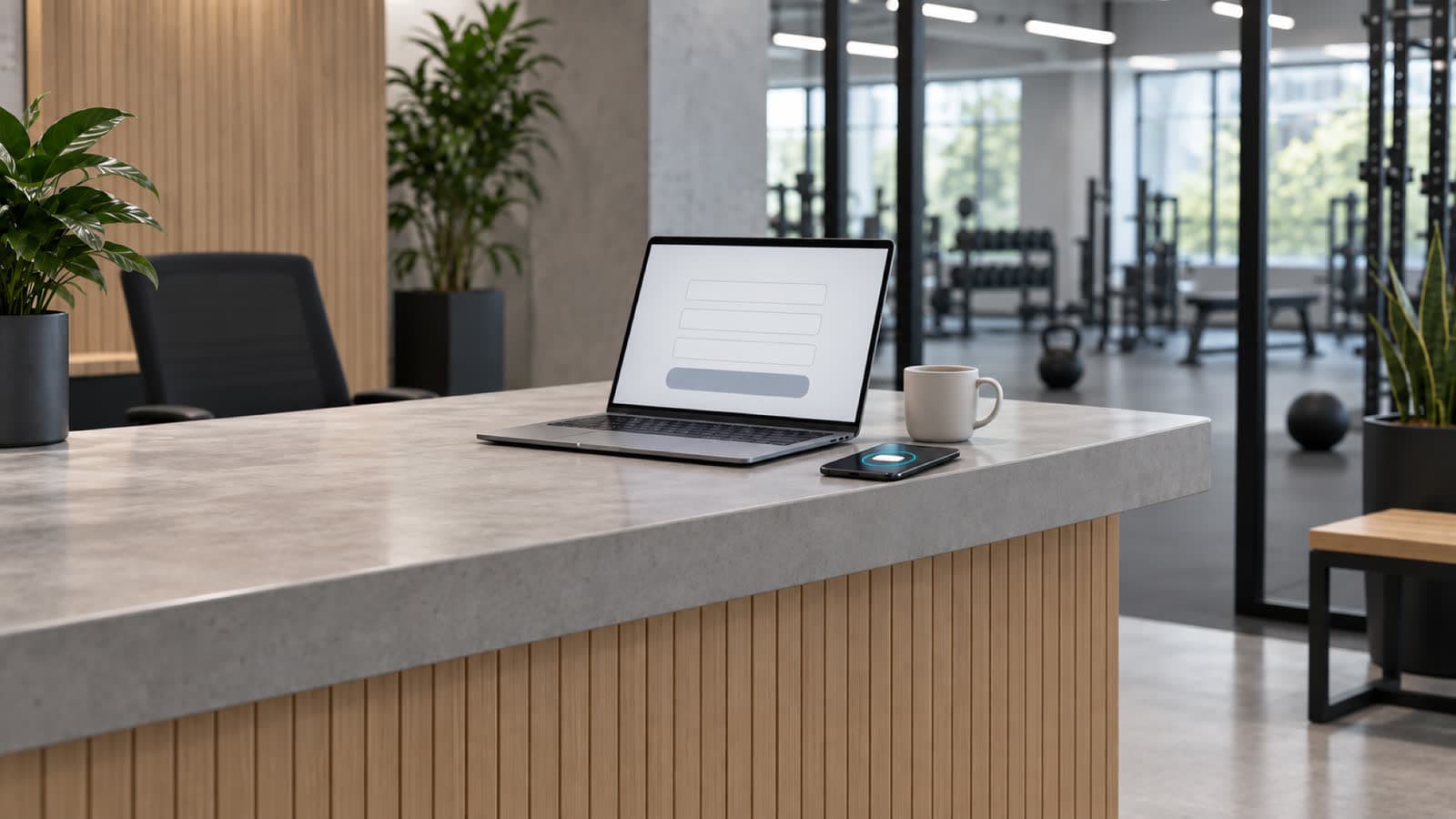 A laptop open to a blank trial form on a gym front desk, a phone lit beside it and the chair behind the counter pushed back and empty, the gym floor soft beyond.