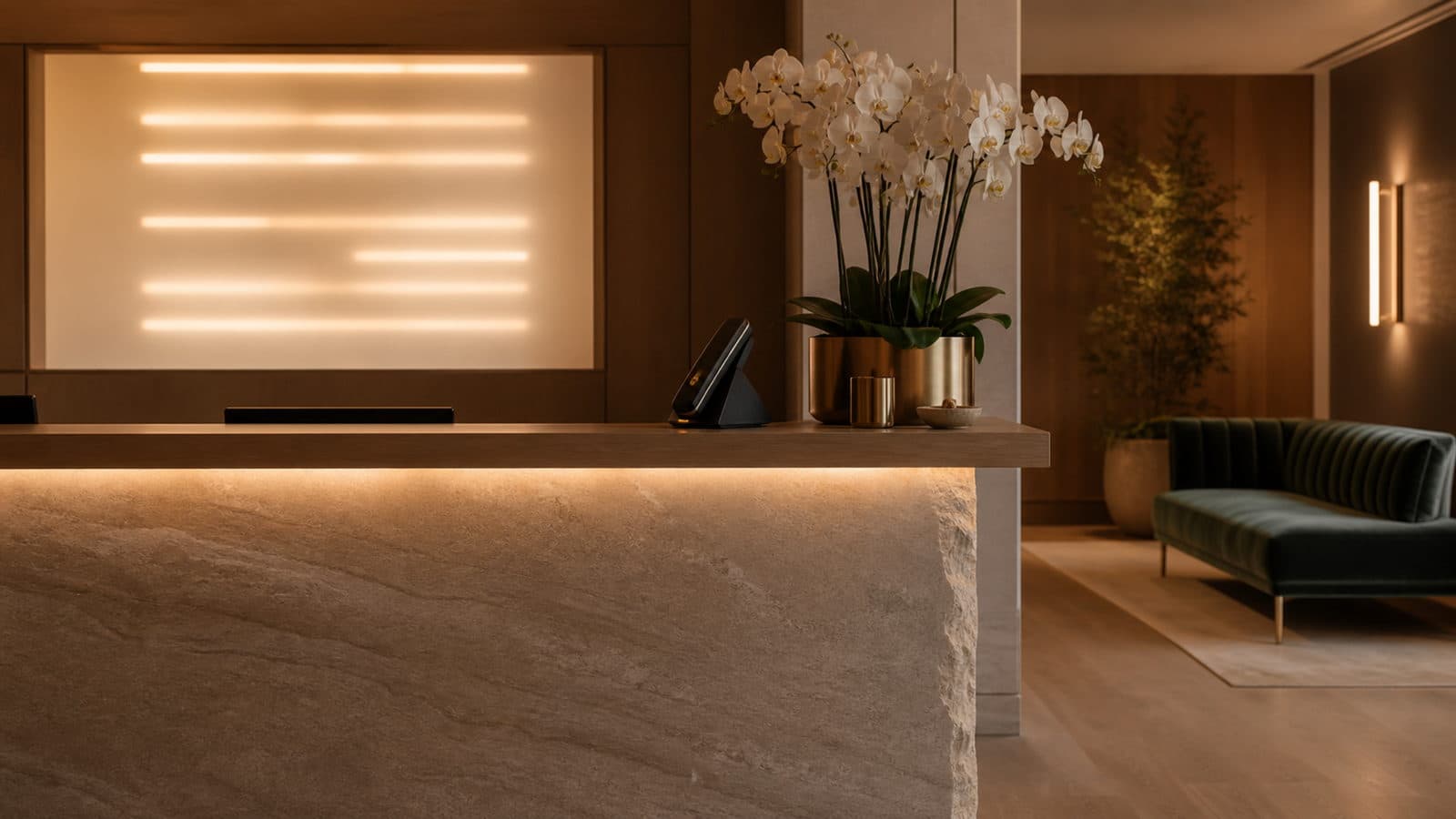 An empty med spa reception after hours: a stone counter lit from beneath, orchids and a dark screen left on it, the lounge behind it unattended.