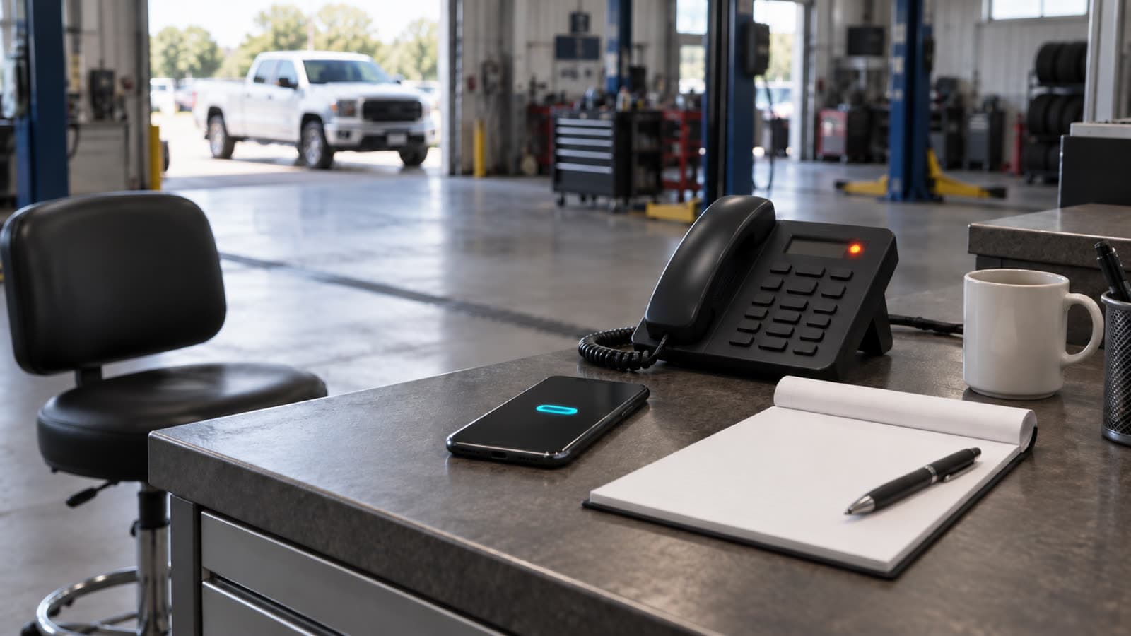 An empty service desk at a repair shop: the stool pushed back, a desk phone with its missed-call light red, a phone face up beside a blank work-order pad and pen, and a white pickup waiting at the open bay door in daylight.