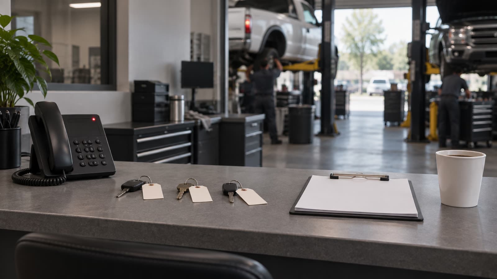A repair shop service counter in the morning rush: three sets of keys with paper tags beside a black desk phone with its red light lit, a blank clipboard and a coffee cup, and two technicians under pickups on the lifts in the bay behind.